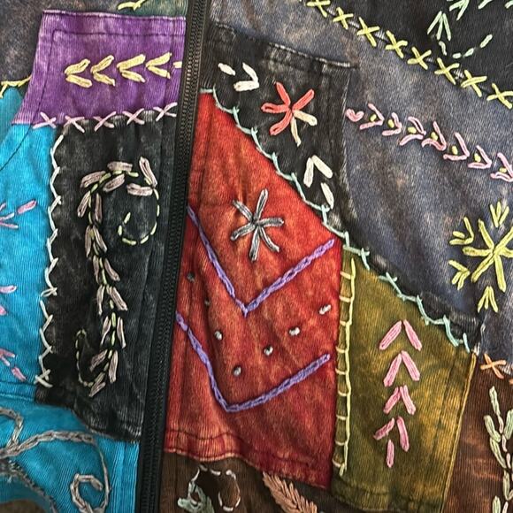 Rising Tide Patchwork Embroidered Zip Up Jacket Large Gray Multicolor Boho - Picture 5 of 16